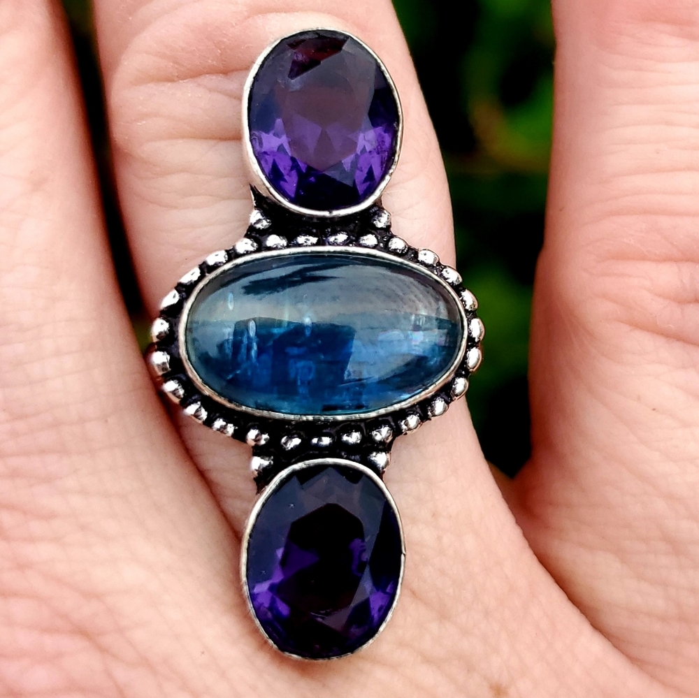 New Blue Kyanite & Amethyst 925 Silver Ring.